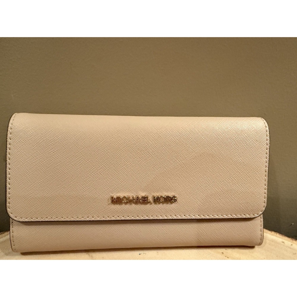 MICHAEL KORS JET SET TRAVEL LARGE TRIFOLD SAFFIANO LEATHER WALLET PINK BLUSH